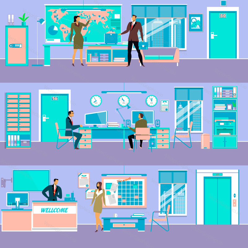 Vector set of modern workspace interiors with office furniture and equipment. Office rooms, reception desk and business people workplaces, flat style illustration.