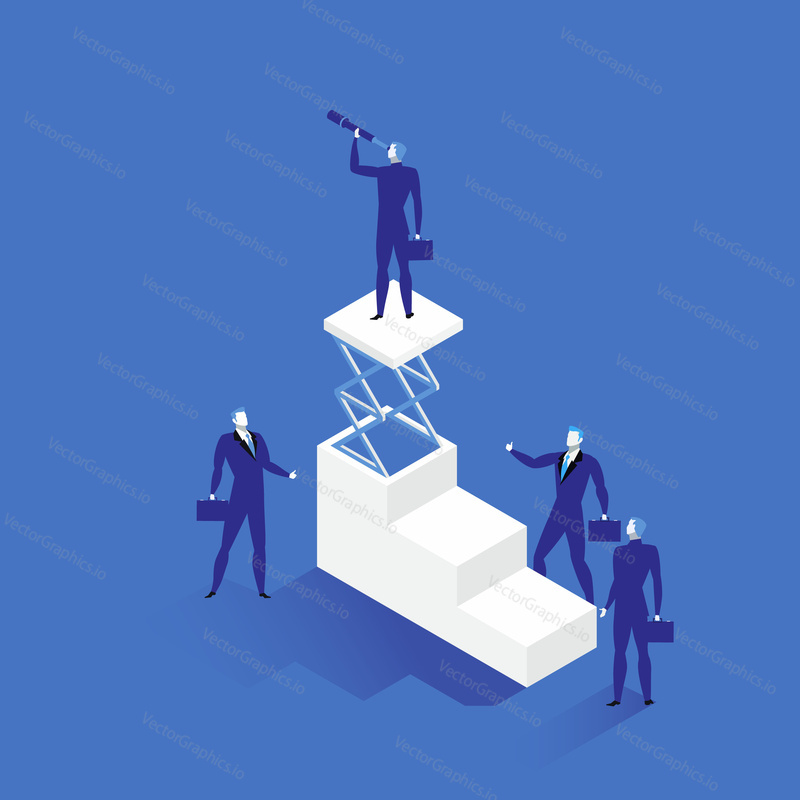 Vector illustration of businessman and his team. Leader standing on the top of stairs and looking through spyglass or hand-held telescope. Business vision, leadership concept flat style design.