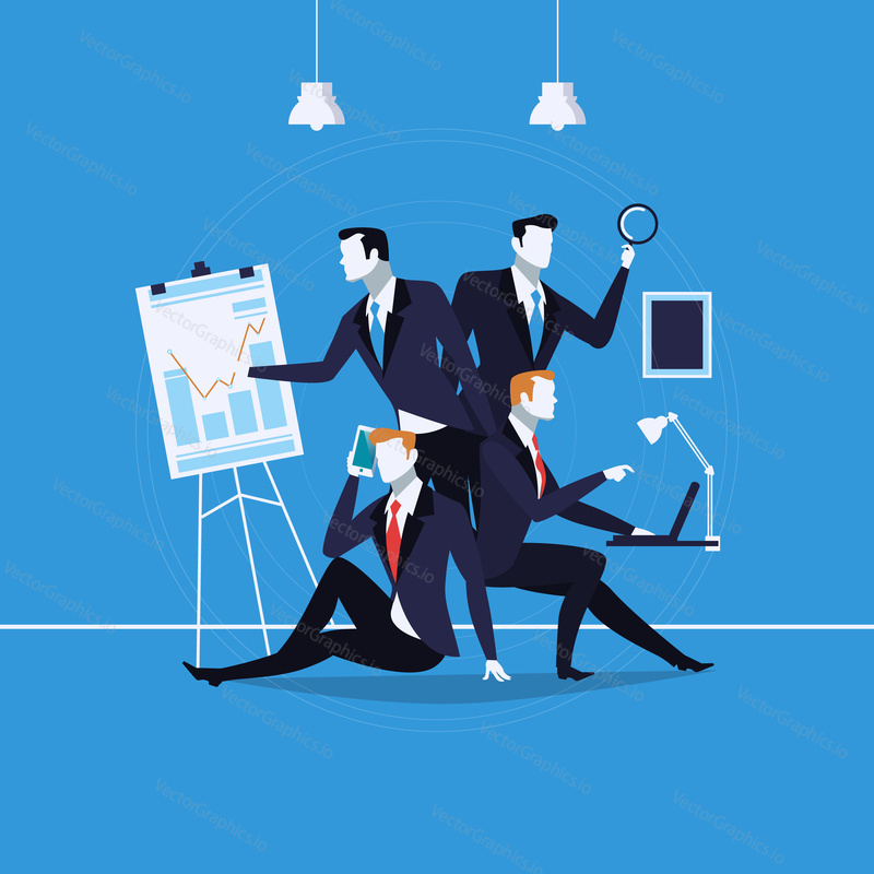 Vector illustration of businessmen silhouettes in different kinds of situations. Presentation, mobile conversation, work on laptop. Business people, office life concept design element in flat style
