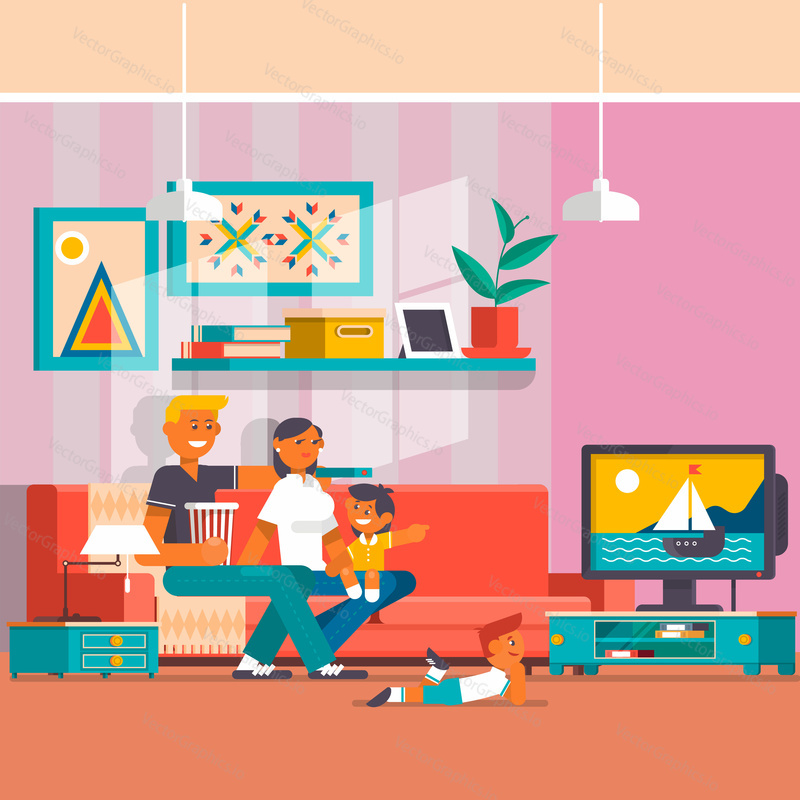 Vector illustration of happy family father, mother with two sons watching tv. Living room interior. Flat style design.