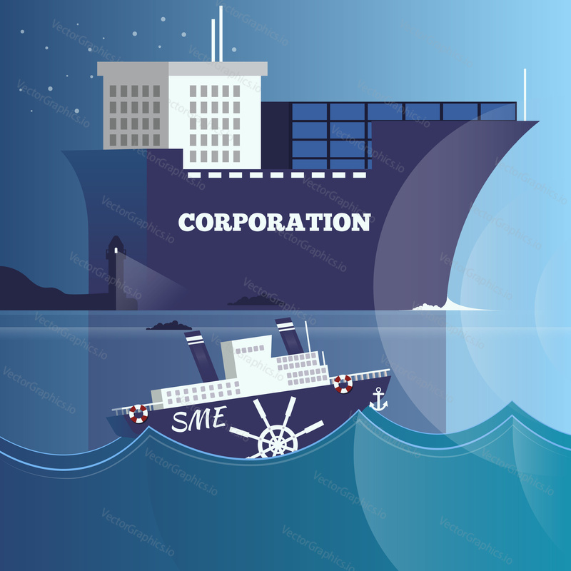Vector illustration of big cruise ship representing corporation and small ship representing small and medium-sized enterprises. Business structure and leadership concept design element in flat style.