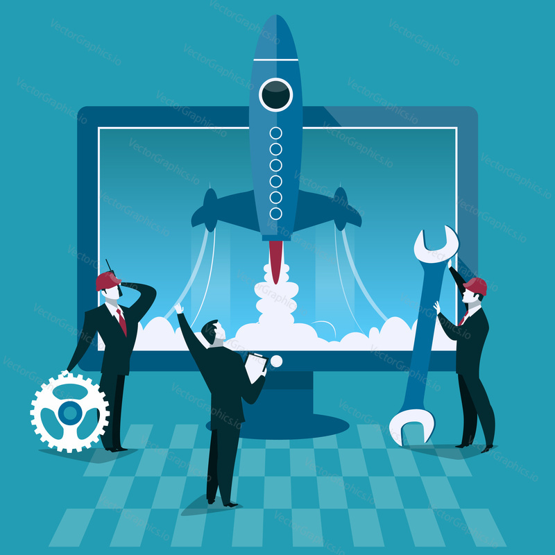 Business start up concept vector illustration. Rocket launch and computer on background. Businessman start new company.