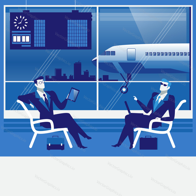 Vector illustration of business people at the airport. Businessmen with tablet, laptop sitting in waiting hall. Business trip, travel by plane concept design element in flat style.