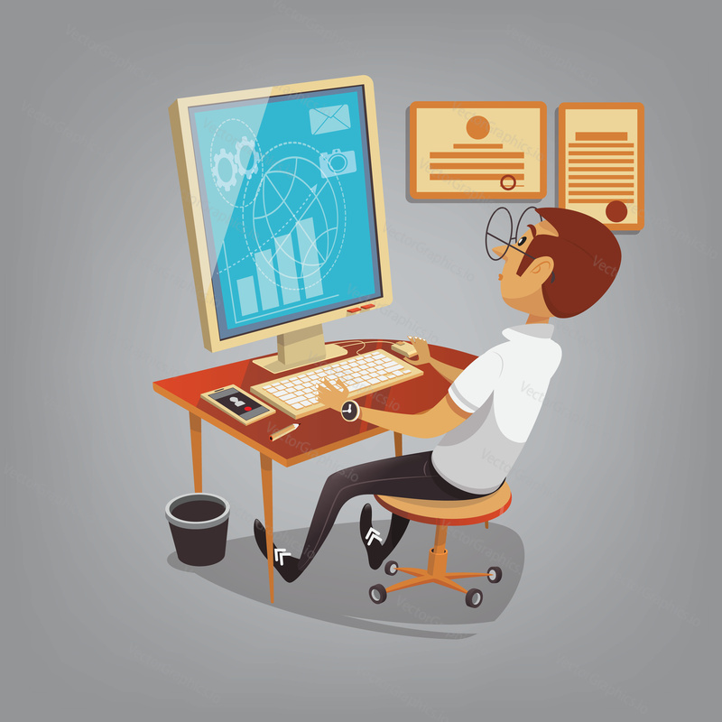 Man busy working with computer in office. Business concept vector illustration in cartoon style. Manager makes sales report.