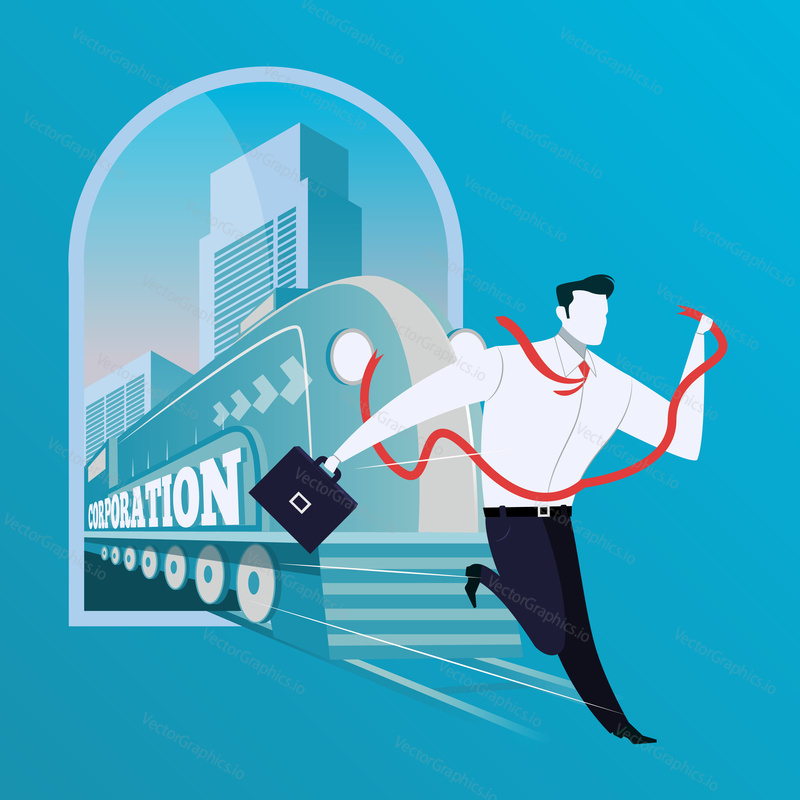 Vector illustration of businessman with red ribbon running away from train with Corporation lettering. He faces a danger. Business risk concept design element in flat style