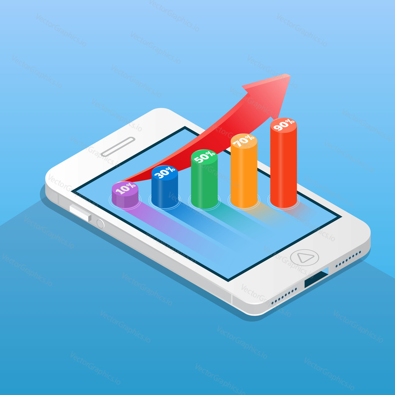 Smartphone with financial bar chart. Business and finance concept vector illustration in isometric style.