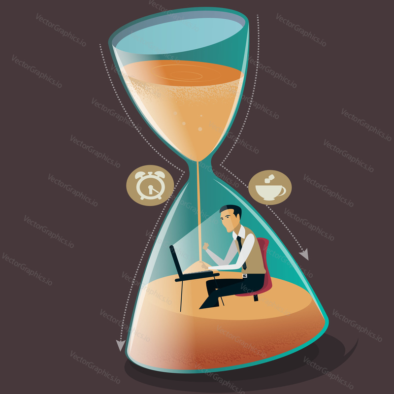 Time managment concept vector illustration. Businessman is sinking in hourglass. Project deadline.