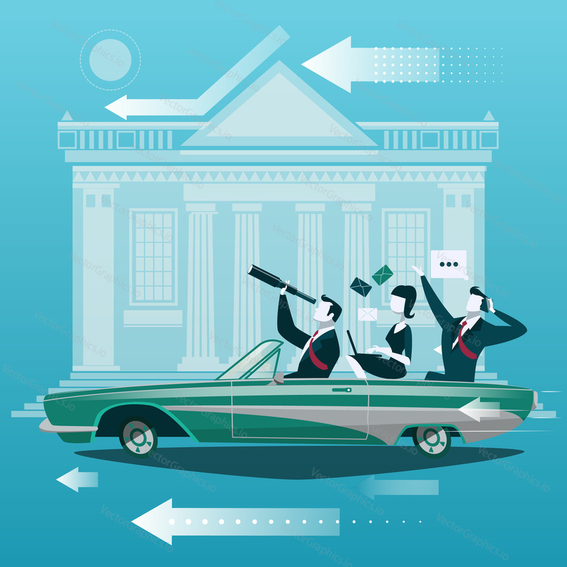 Group of businessman travel by car with stock market exchange building on background. Business concept vector illustration in cartoon style.