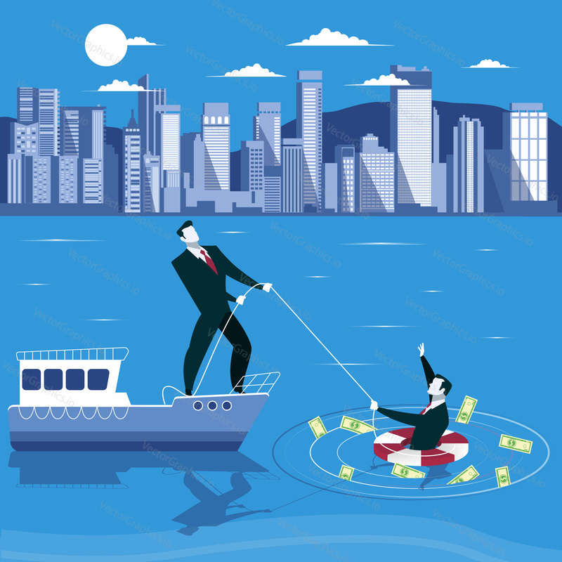 Businessman is drowning and ask for help from his partner. Business failure concept vector illustration.