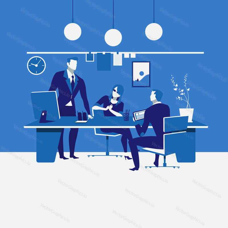 Vector illustration of business meeting at workplace. Office interior. Work scheduling, planning, brainstorming, teamwork concept design element in flat style.