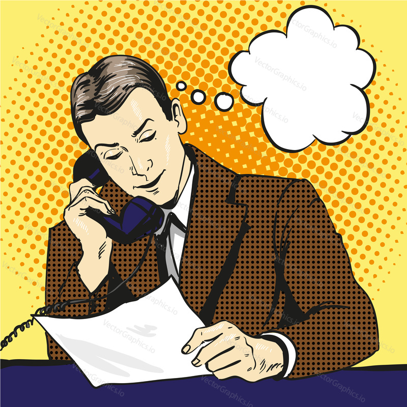 Businessman talking by phone and reading documents. Vector illustration in retro pop art comic style.