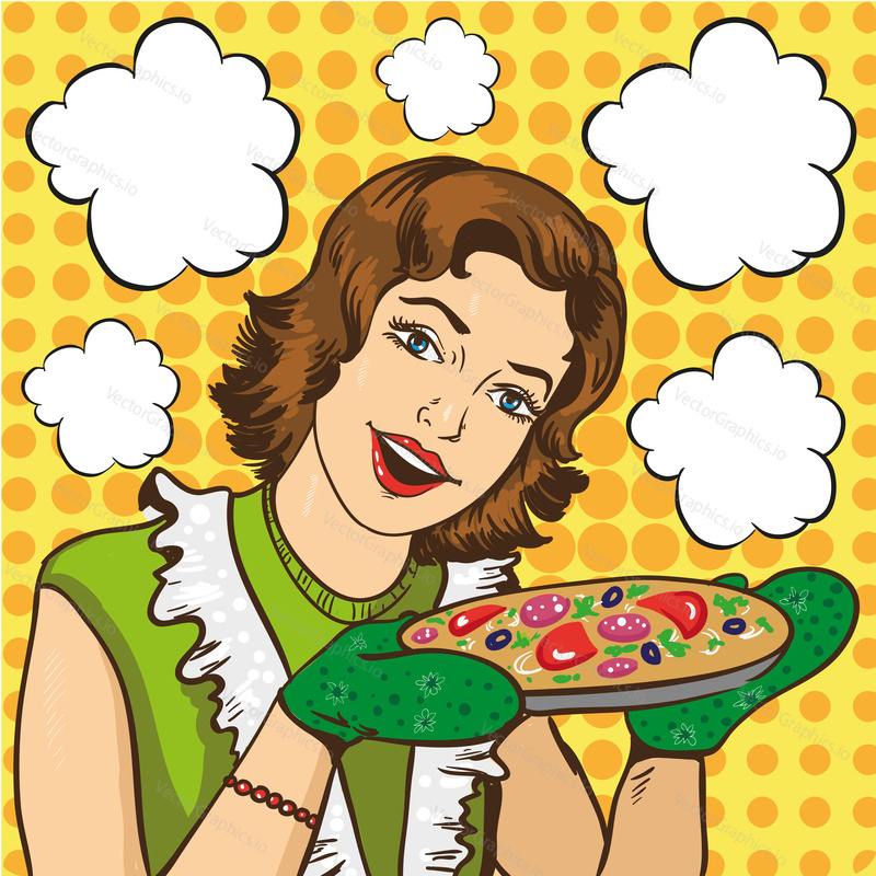 Woman cooking pizza at home. Vector illustration in retro comic pop art style.