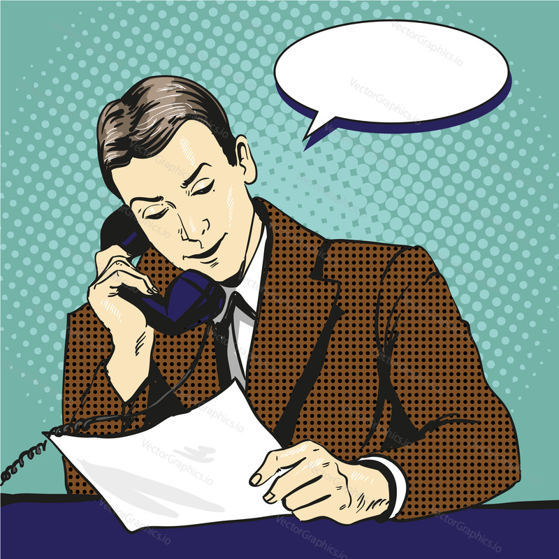 Businessman talking by phone and reading documents. Vector illustration in retro pop art comic style.