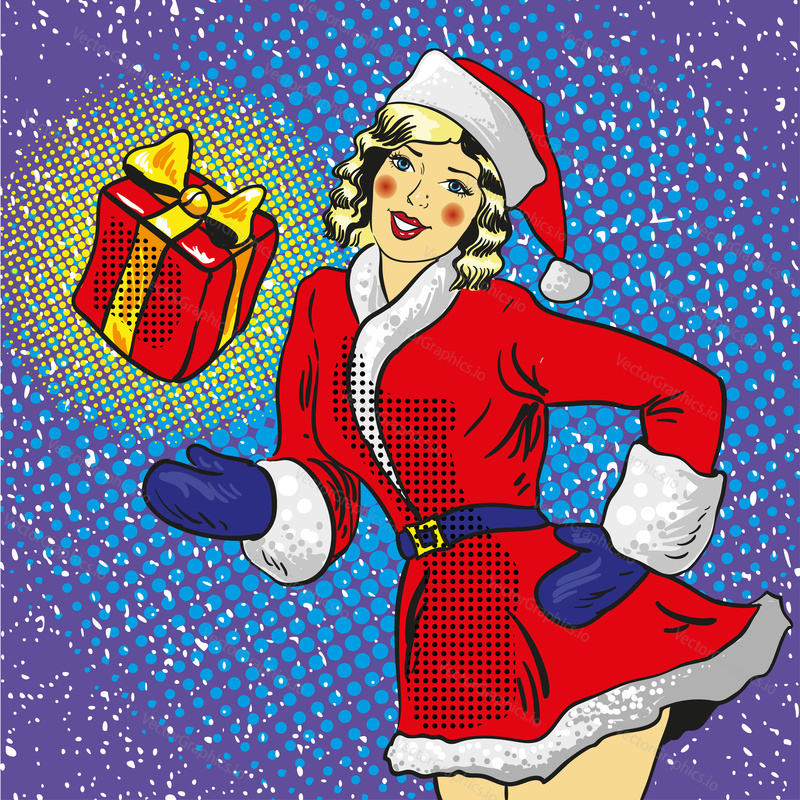 Sexy Santa pin up girl in red dress holding a gift. Vector illustration in comic pop art style. Christmas holidays concept poster.