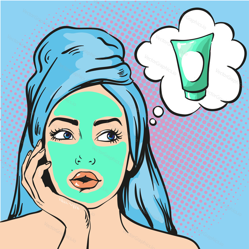 Woman with beauty cosmetic mask on face. Vector illustration in pop art comic style.
