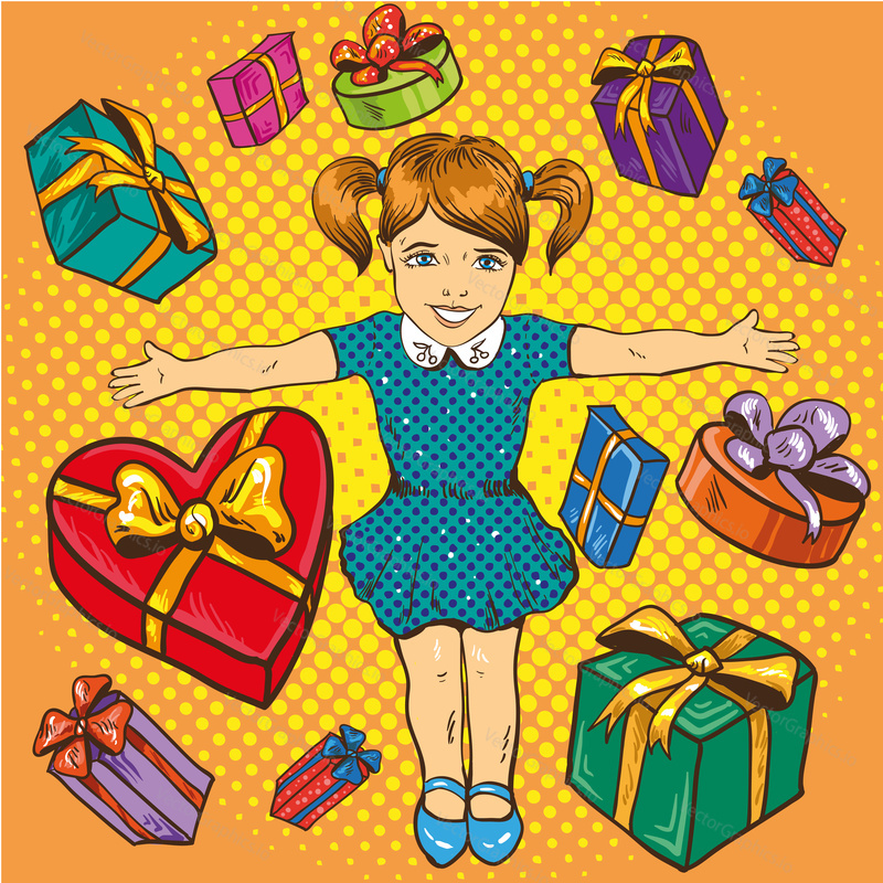Little girl with presents and gift boxes. Birthday concept poster. Vector illustration in comic retro pop art style. Cartoon design elements and icons.