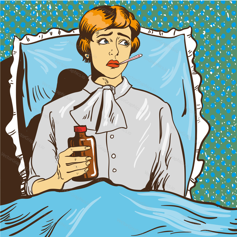 Sick woman with fever lie down on a bed in hospital room. Girl with thermometer in her mouth. Vector illustration in pop art comic style.