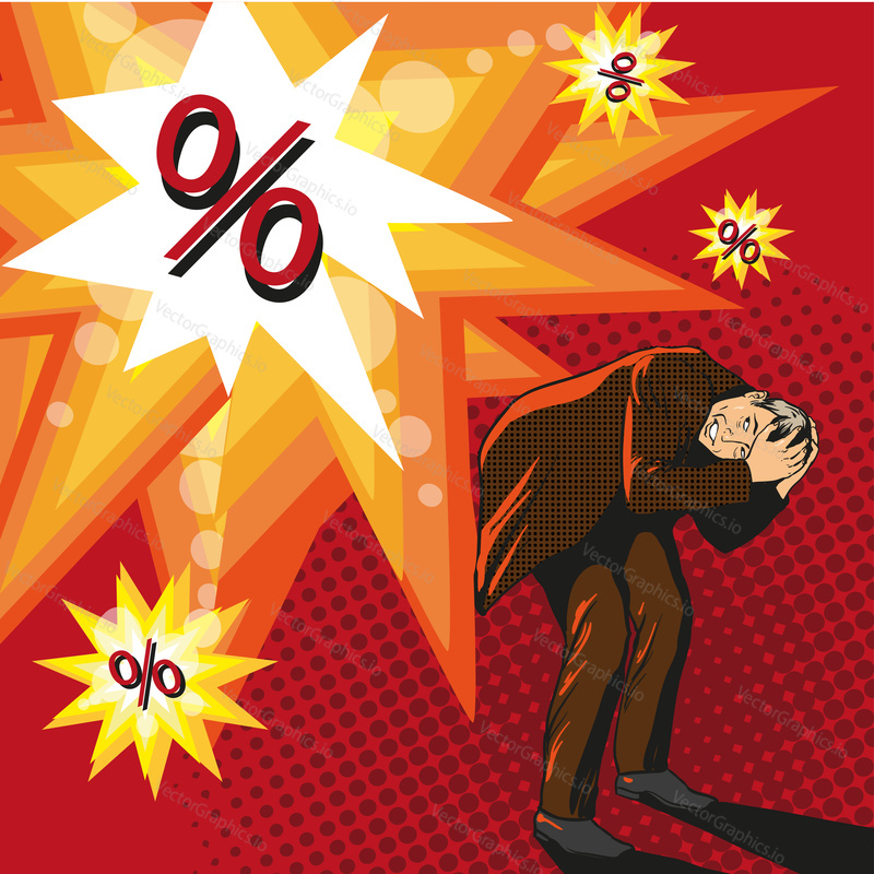 High loan interest concept vector illustration in comic pop art style. Man trying to hide from explosion.