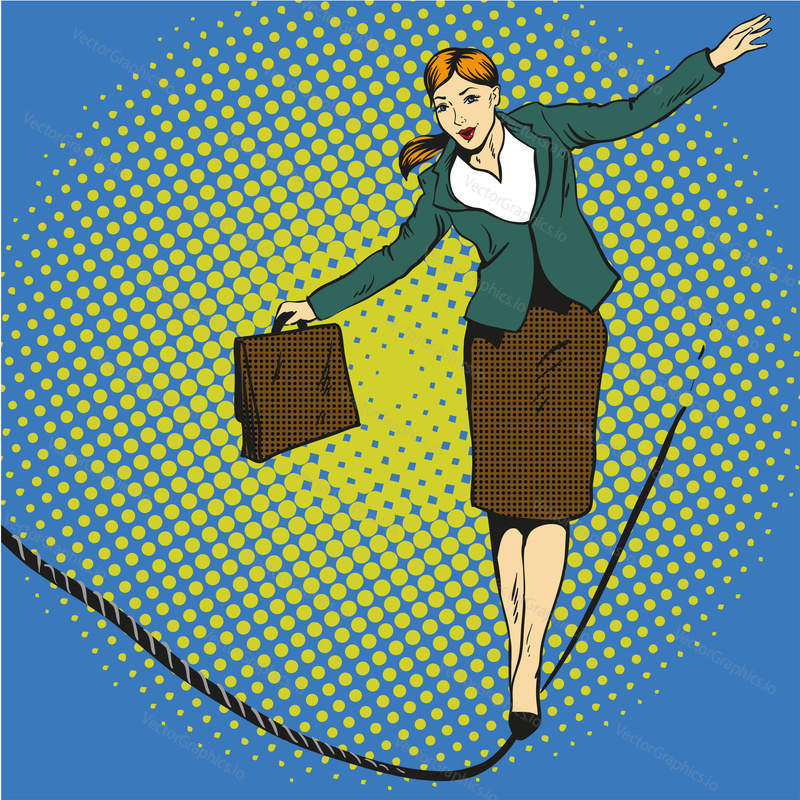 Business concept vector illustration in retro comic pop art style. Businesswoman walk on tight rope.