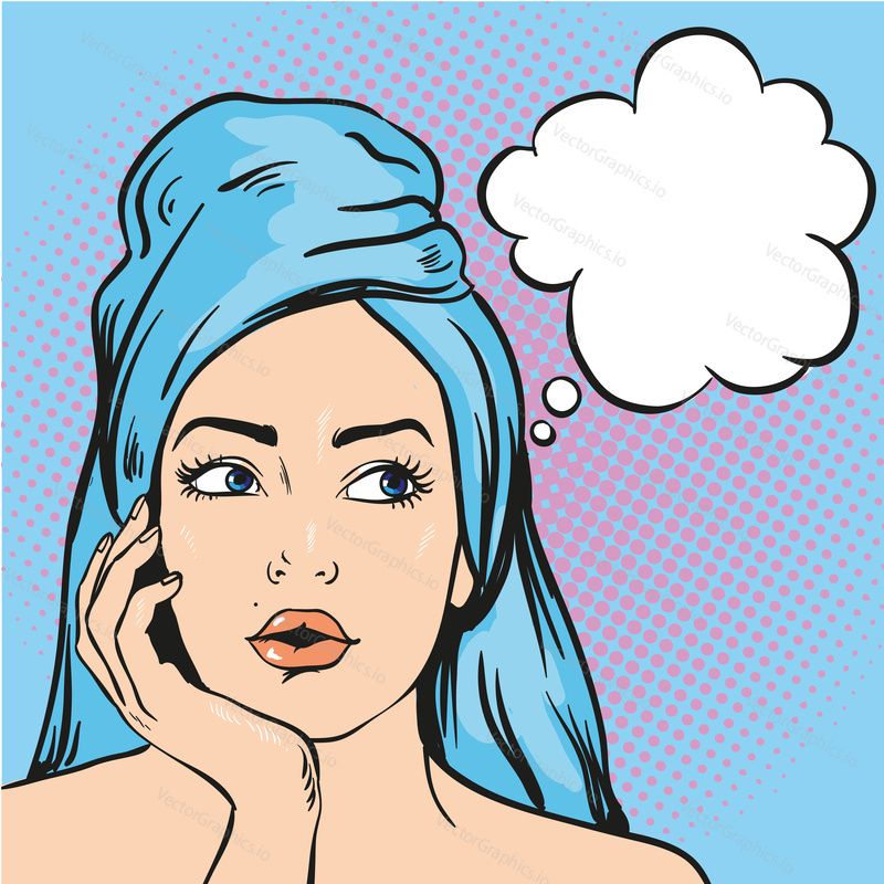 Woman after a shower thinking about something. Vector illustration in pop art comic style.