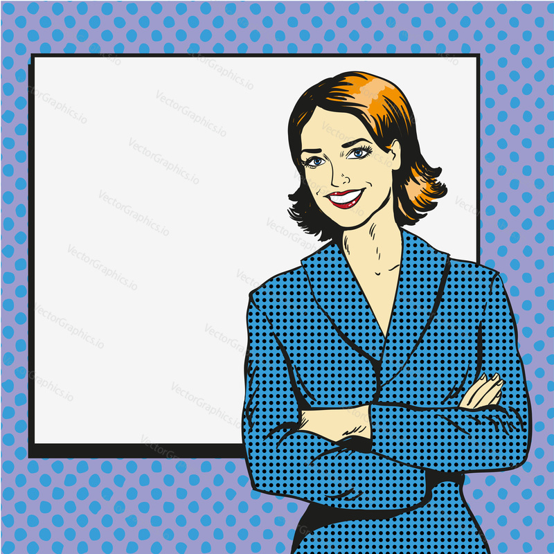 Woman with blank white paper poster. Pop art comic retro style vector illustration. Put your own text template.