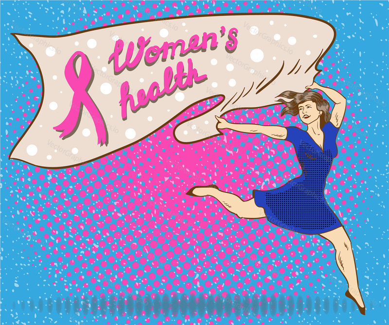 Womans health concept poster in comic pop art style. Woman holds banner with woman health sign. Breast cancer pink ribbon symbol.