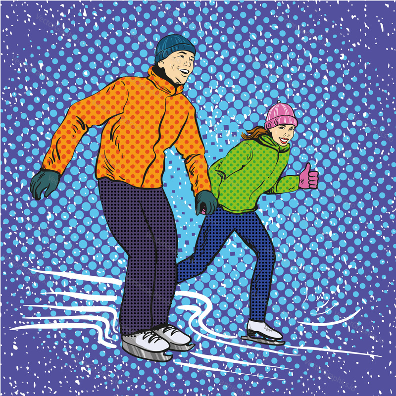 Man and woman ice skating. Vector illustration in pop art retro style. Winter sports vacation concept. Couple spend time together on ice skate rink.