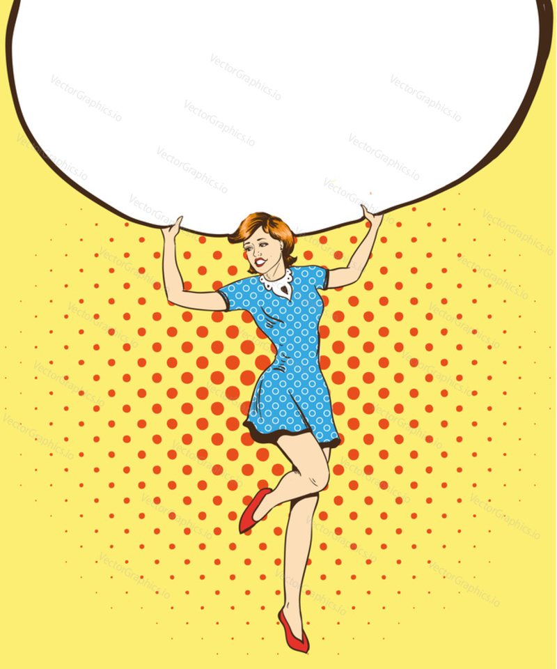 Woman holds blank white paper poster. Pop art comic retro style vector illustration. Put your own text template.