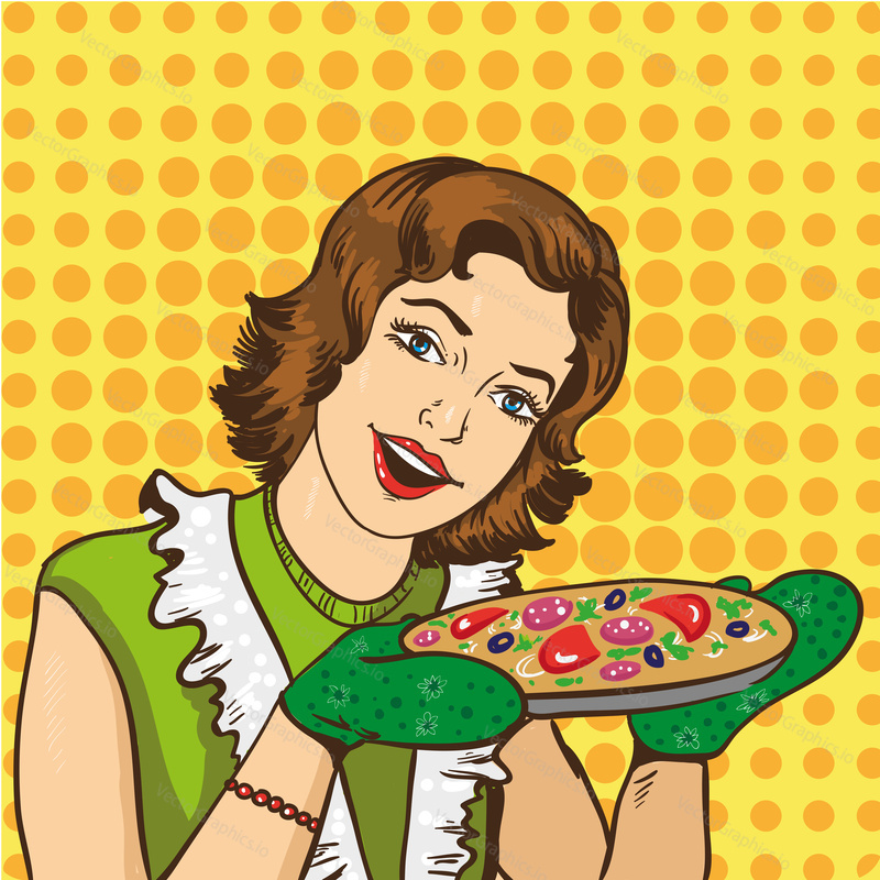 Woman cooking pizza at home. Vector illustration in retro comic pop art style.