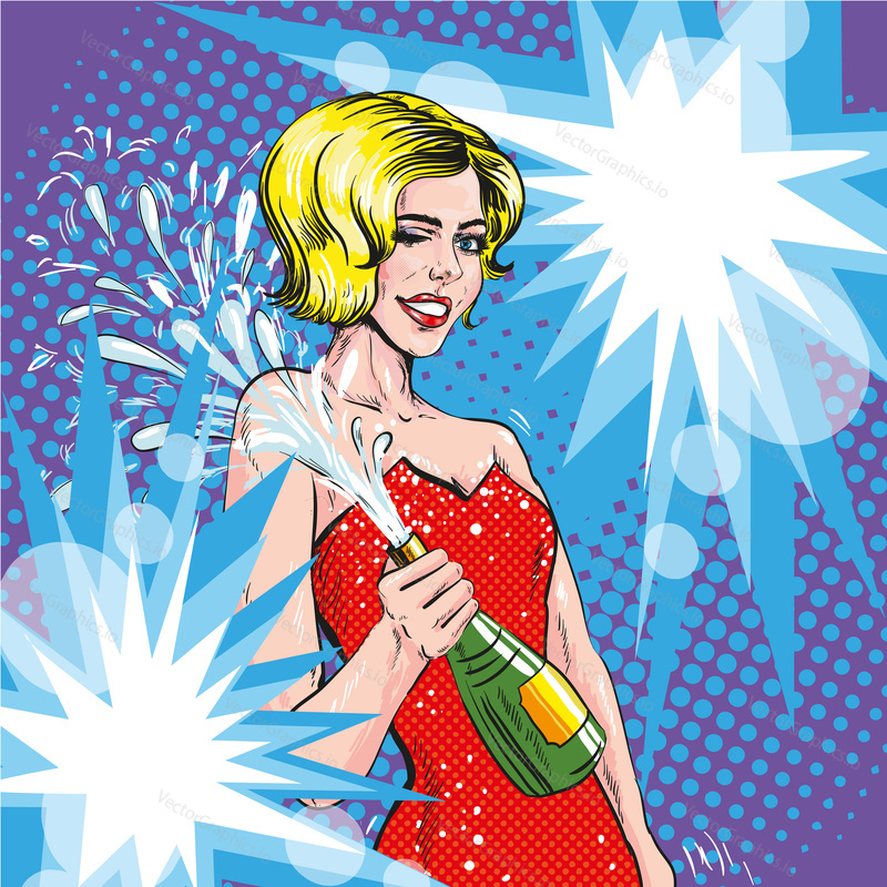 Vector illustration of woman with opened bottle of champagne in pop art retro comic style. Champagne splashes. Celebration event.