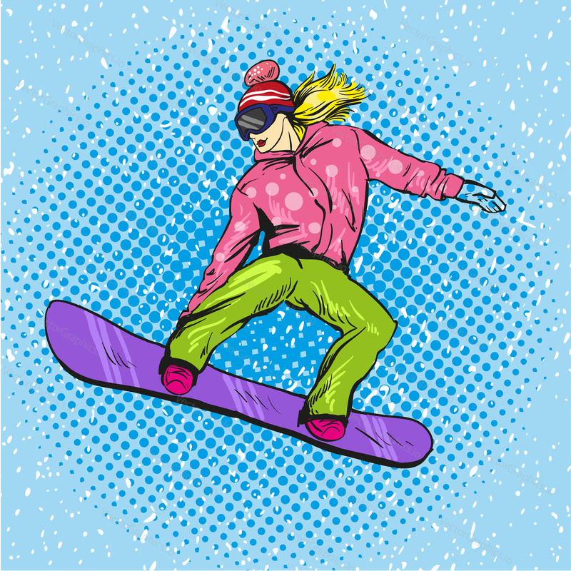 Woman snowboarding in mountains. Vector illustration in pop art retro style. Winter sports vacation concept. Girl jump with snowboard.