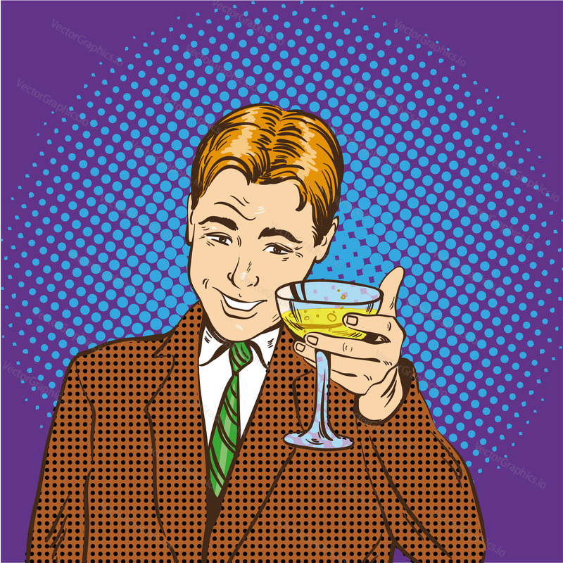 Business man with glass of champagne celebrates closed deal. Cheers and party concept vector illustration in retro pop art comic style.