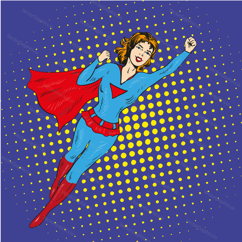 Super hero woman flying vector poster in comic retro pop art style.
