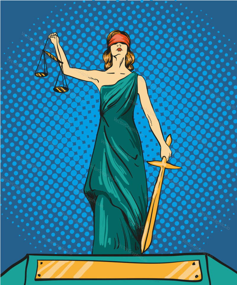Statue of god of justice Themis. Femida with balance and sword. Vector illustration in pop art comic retro style. Law and legal concept.