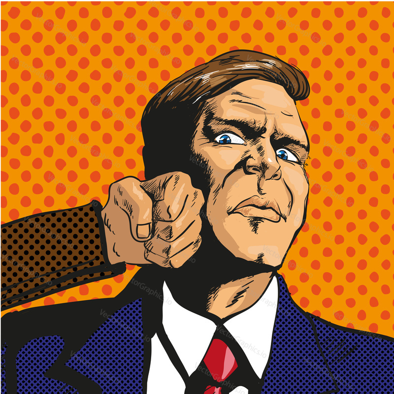Vector illustration of man getting punch in his face in retro pop art comic style. Businessman facing unexpected difficulties and resisting them