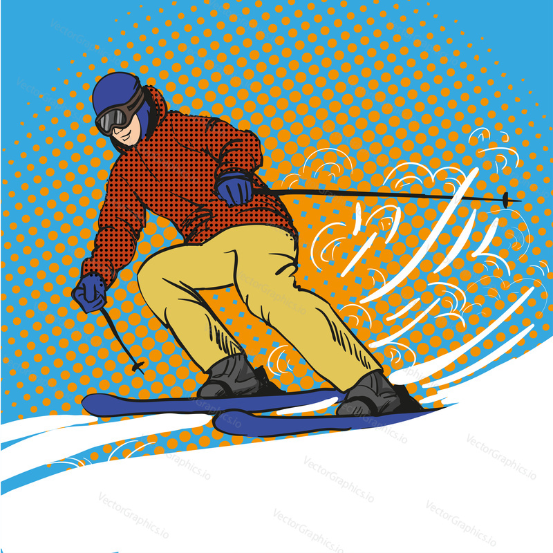 Man skier skiing in mountains. Vector illustration in pop art retro style. Winter sports vacation concept.