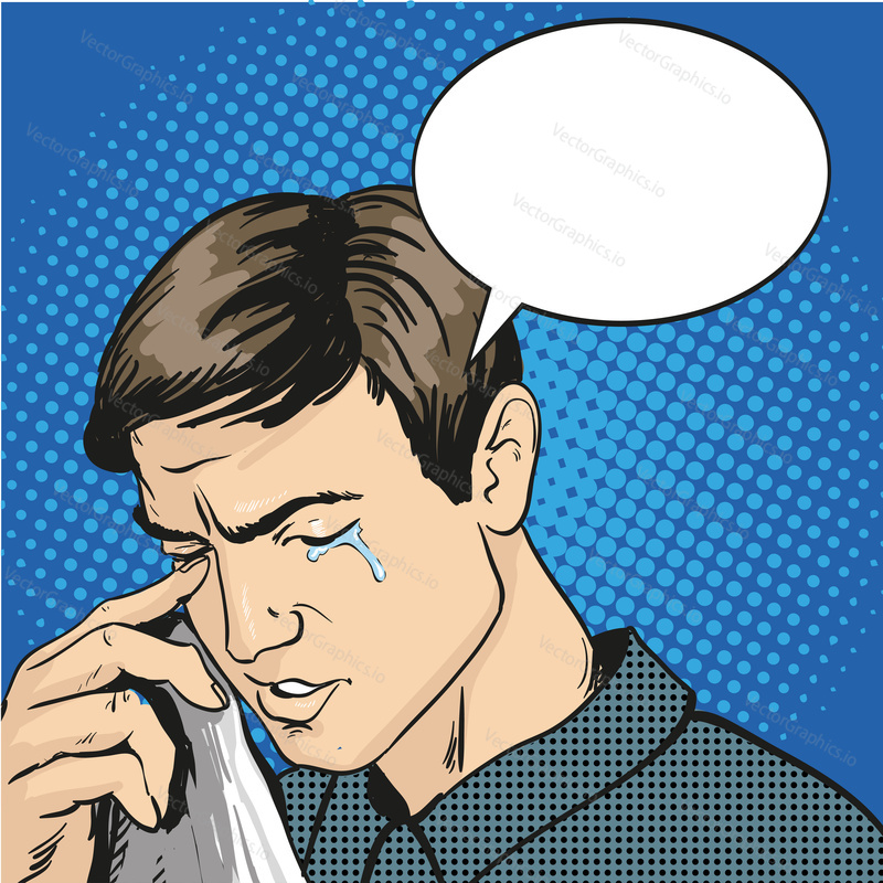 Man in stress and crying. Vector illustration in comic retro pop art style.