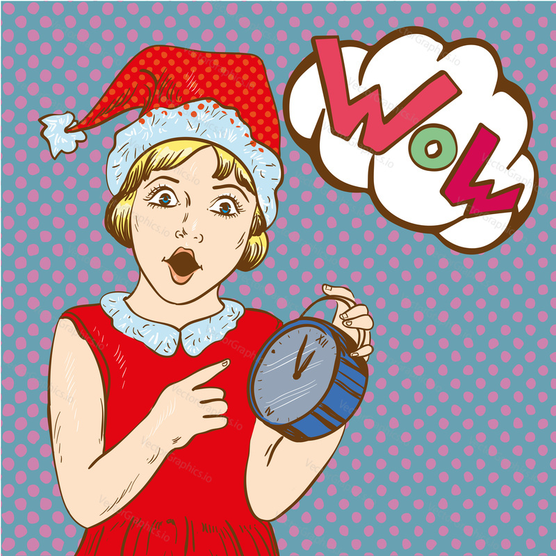 Girl holding clock and waiting for christmas or new year. Clock with 5 minutes to midnight time. Vector illustration in comic retro pop art style. Holiday concept poster or card.