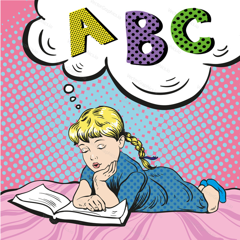 Little girl reading book on a bed. Vector illustration in comic pop art style. Girl studying alphabet.
