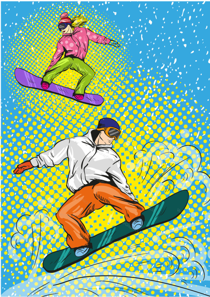 Man and woman snowboarding in mountains. Vector illustration in pop art retro style. Winter sports vacation concept. Sportsman jump with snowboard.