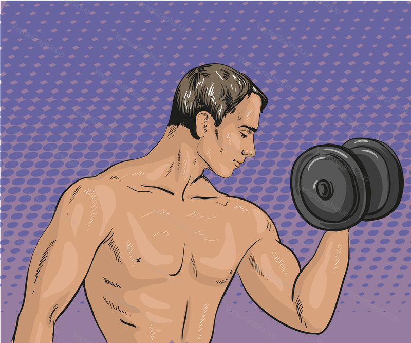 Vector illustration of athletic strong man with dumbbell in retro pop art comic style. Exercising man.