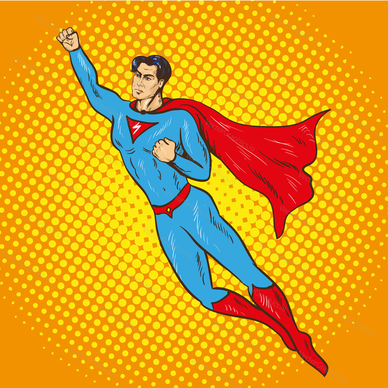 Vector illustration of flying up superman in retro pop art comic style. Superhero, savior of the world from injustice.