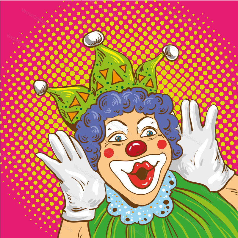 Smiling clown cartoon character. Vector illustration in comic pop art style.