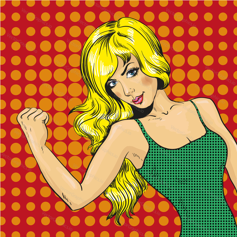 Vector illustration of young woman showing muscles in retro pop art comic style. Pretty strong girl with sport figure.