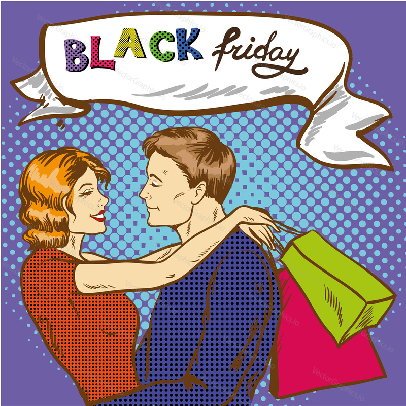 Vector illustration of happy couple with bags in retro pop art comic style. Man and woman looking at each other. Black friday lettering. Shopping concept design element.