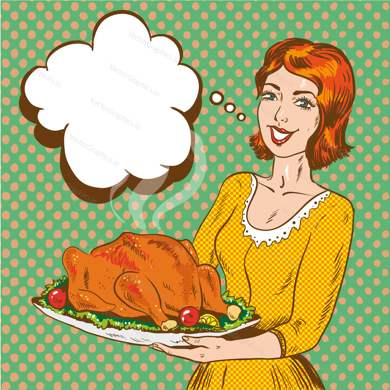 Vector illustration of woman holding tray with roasted thanksgiving turkey in retro pop art comic style. Speech bubble.