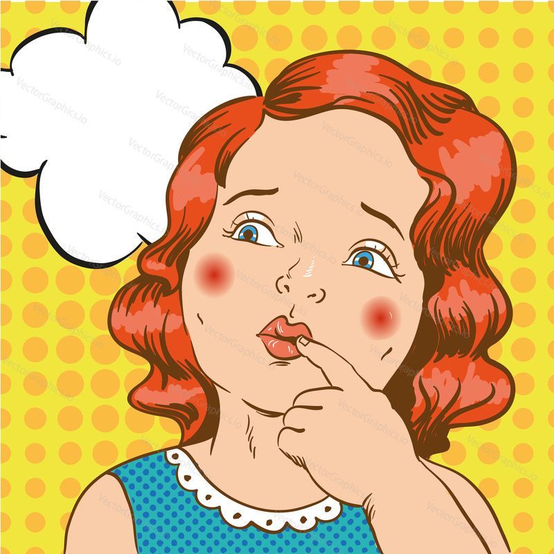 Little girl thinking about something. Vector illustration in comic retro pop art style.