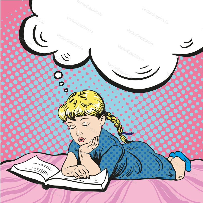 Little girl reading book on a bed. Vector illustration in comic pop art style. Girl dreaming about something reading tale.