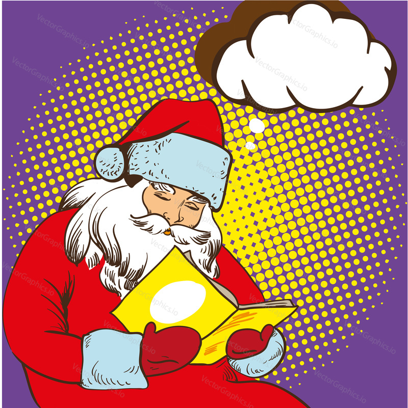 Santa claus reading fairy tales book. Vector illustration in comic pop art style. Christmas concept poster.
