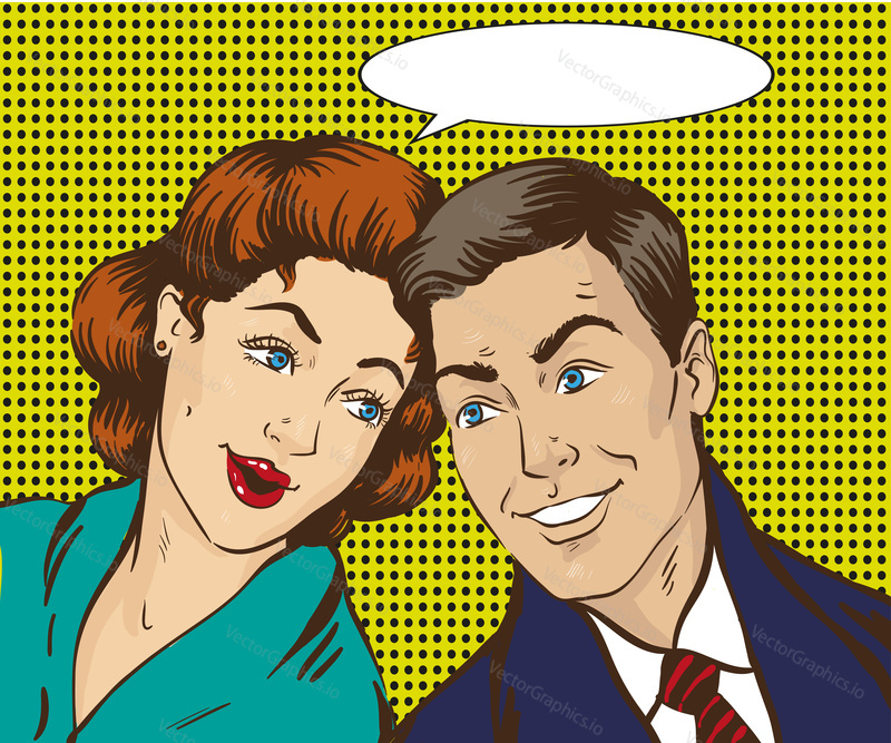 Vector illustration in pop art style. Woman and man talk to each other. Retro comic. Gossip and rumors talks.